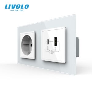 Priza dubla Schuko + USB tip A si tip C, cu rama sticla